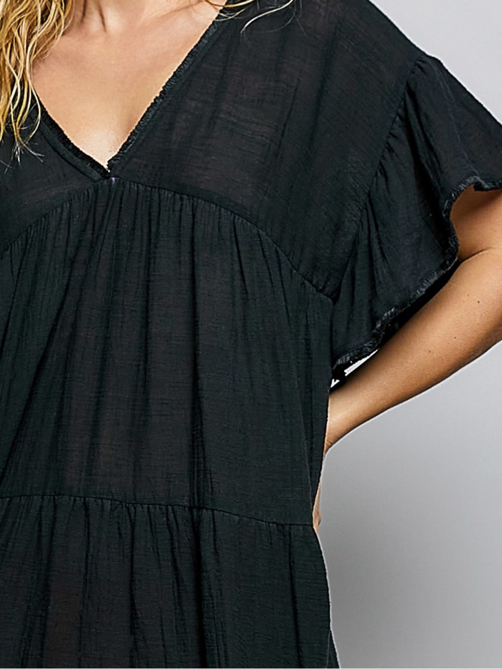 💕SALE! POL Black V-Neck Tiered Babydoll Dress/Tunic - Picture 4 of 6